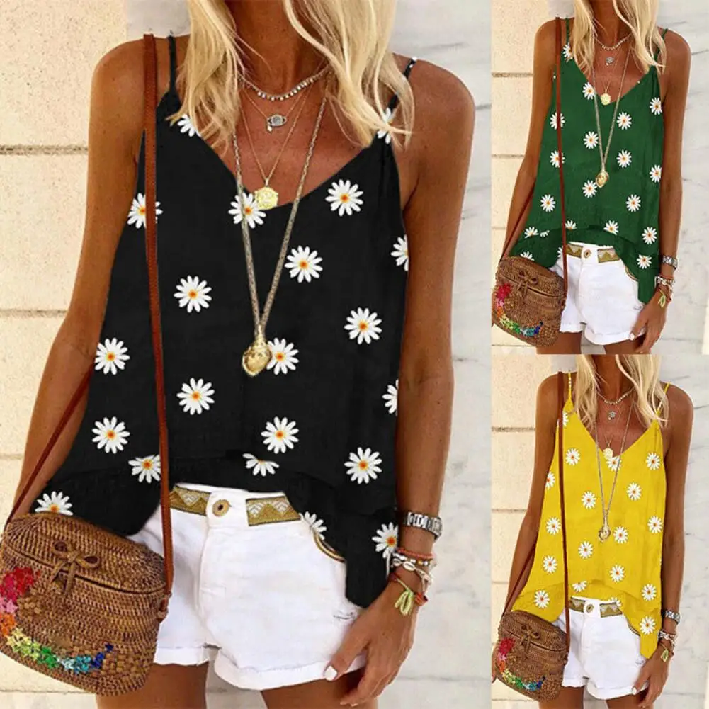 Women Fashion Sunflower Print V Neck Sleeveless Marguerite Print  Vest Loose Blouse