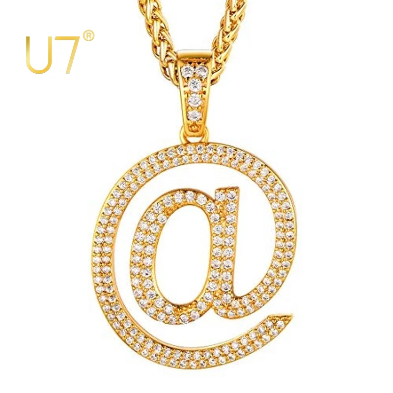 U7 White CZ Paved At Sign Symbol @ Necklace Link Chain Men Woman Hip Hop Jewelry QC24