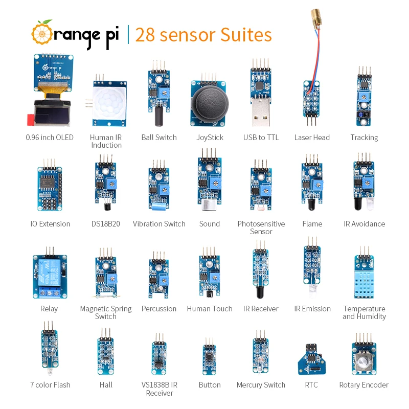 28 pçs/lote Laranja CONJUNTO Pi RTC USB para TTL módulo de desvio de Obstáculos (um pacote de 28 tipos de módulo)