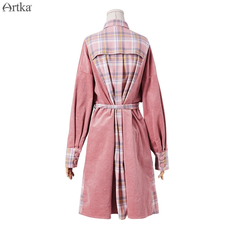 ARTKA 2019 Autumn Winter New Women Dress Casual Corduroy Plaid Stitching Dress Long Sleeve Shirt Dresses With Belt LA15393Q