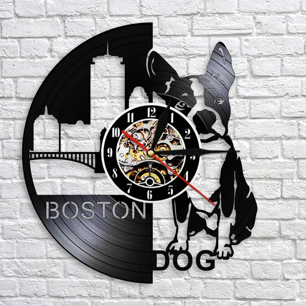 Boston Dog Wall Clock Lovely Puppy Shadow Vinyl Record 3D Hanging Watches Modern Design Art Silent Decor For Children's Room