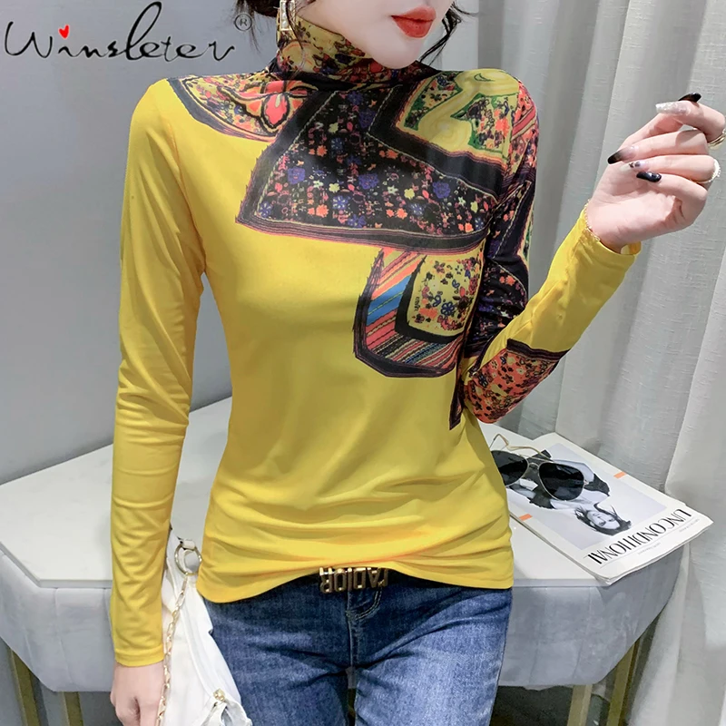 MadBlack Korean Clothes Lady Mesh T-Shirt Chic Turtleneck Print Women Tops Long Sleeve Fleece Bottoming Shirt 2022 Tees T1D029A