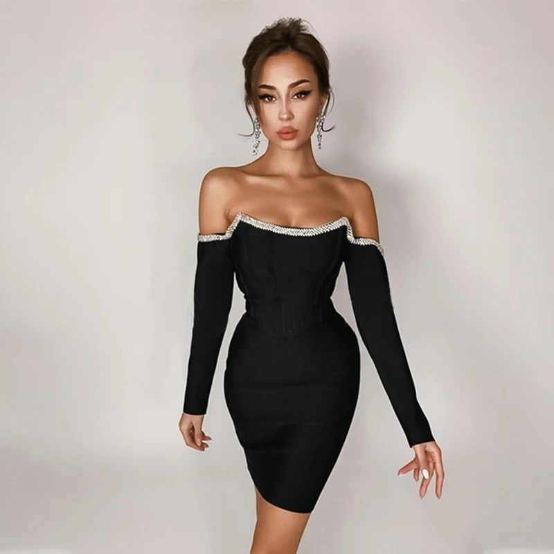 New Arrival Women Black White Mini Crystal Sexy Off Shoulder Long Sleeves Night Club Party Bandage Dress Vestidos