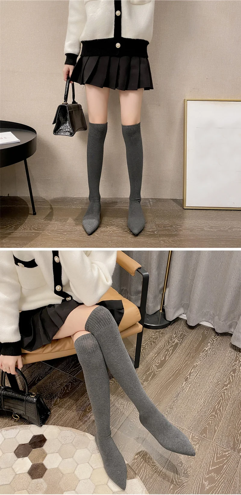 Size 34-40 Fashion Slim Leg Thigh High Sock Boots Women Black Stretch Fabric Pointed Toe Flat Heels Over The Knee Slip On Shoes
