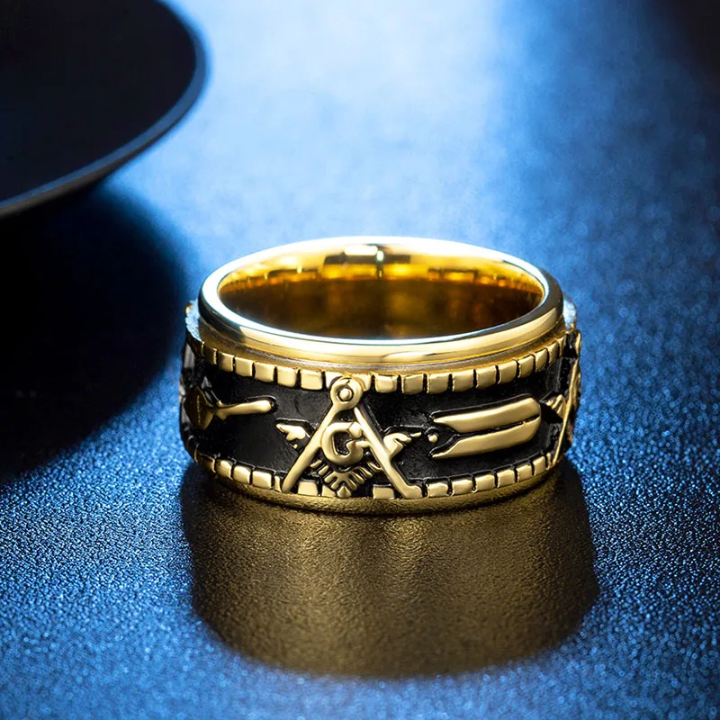 Valily Men\'s Gold Color Spinner Freemason Ring Stainless Steel Rune Rotating Mason Masonic Jewelry for Man