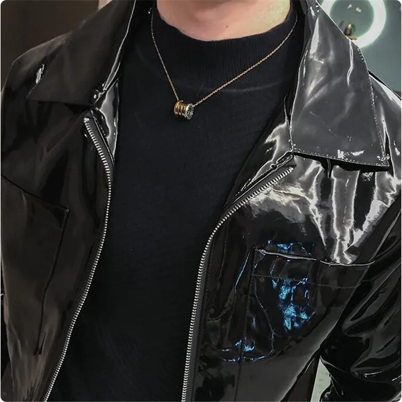New Leather Jacket Shiny Men\'s Jacket and Coats Red Coffee Black Stage Costume Nightclub Singer Club Party Jacket Men Clothing
