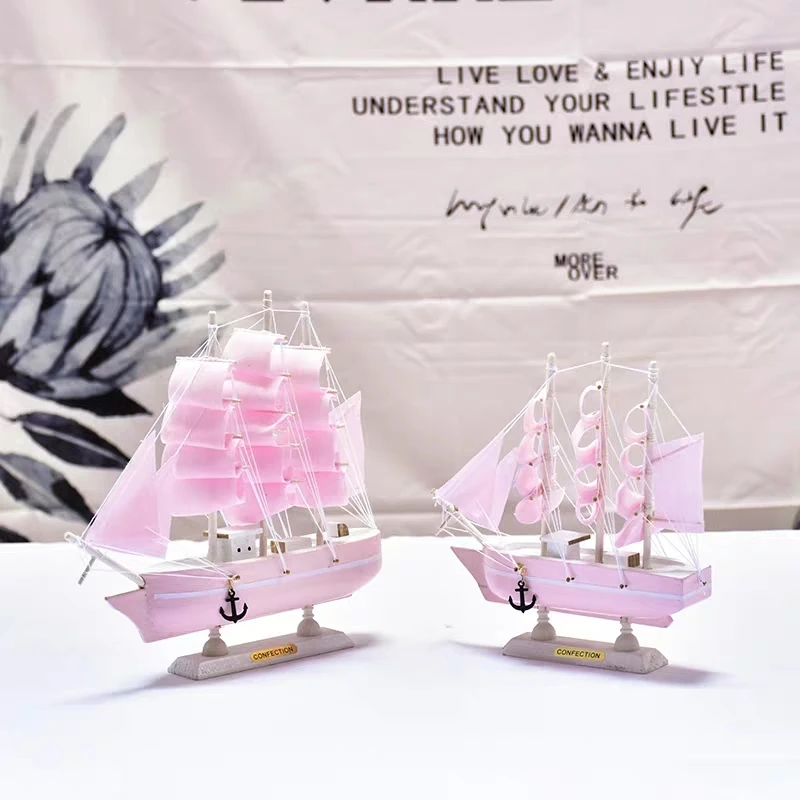 Vehicle Toy Pink Simulate Wooden Sailboat Arts and Crafts Living Room Decoration Table Furnishings Birthday Gift for Girl friend