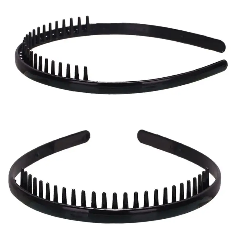 Women Men Girls 8mm Plastic Plain Headband with Non-Slip Teeth Comb Shiny Black Hair Hoop DIY Styling Makeup Headwear