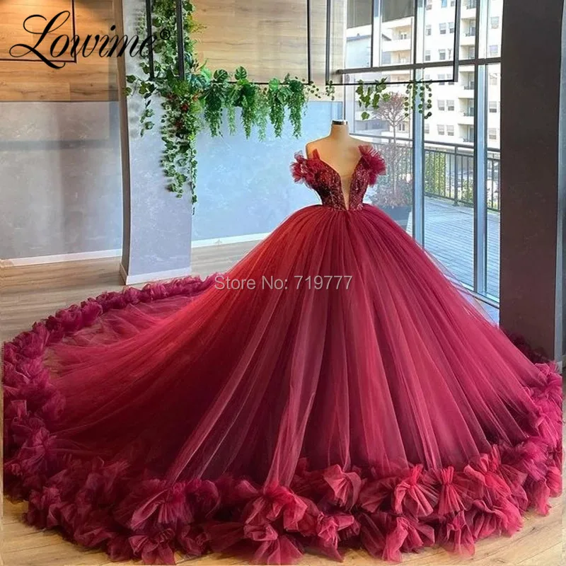 Wine Red Puffy Prom Dresses Tulle Quinceanera Dresses 2021 Princess Pageant Dress For Party Plus Size Custom Evening Gowns