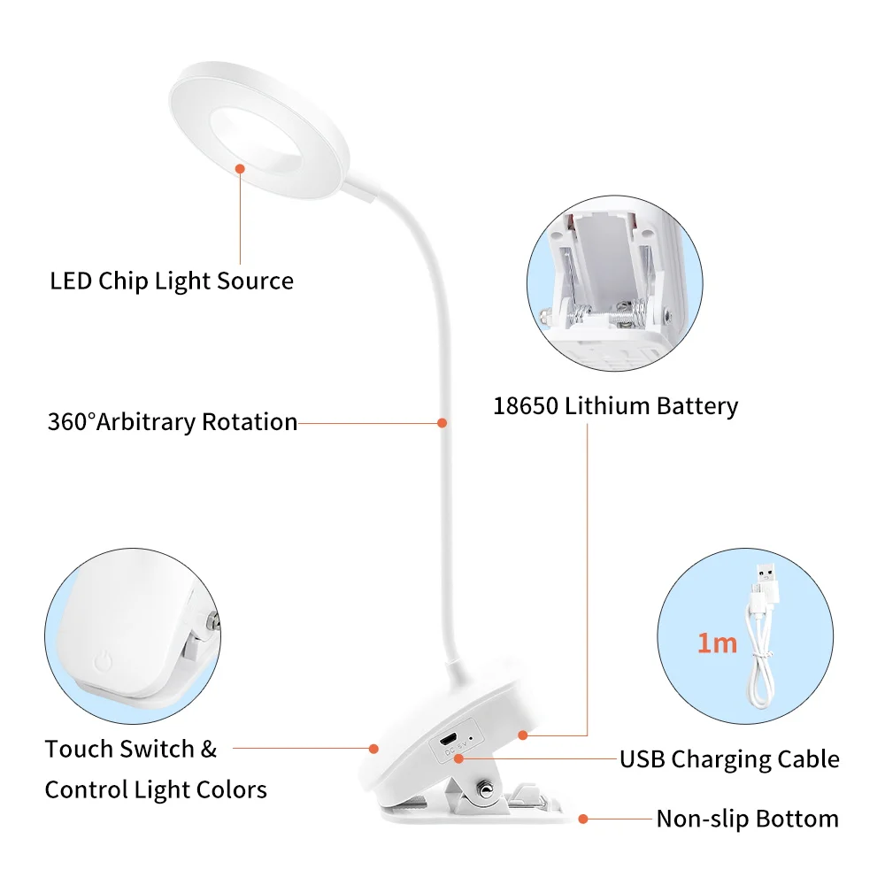 Led Light Portable Study Table Lamp USB Rechargeable Led Desk Light Dimmable Reading Book Led Lamp 3 Colors Clip Desktop Lampara