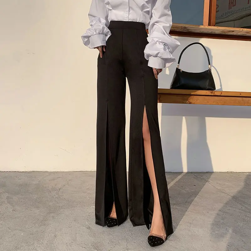 Spring 2021 new women\'s bell bottom trousers high waist straight split casual flared trousers