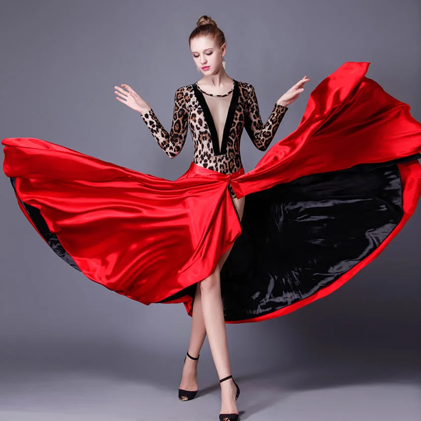 Roupas femininas para dança, saia espanhola de flamenco, tamanho grande, vermelho, preto, laço de gancho, meninas ciganas, vestido de seda cetim