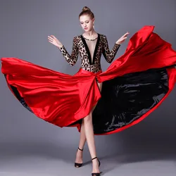 Performance Dancing Clothing Women Red Black Hook Loop Spanish Flamenco Skirt Plus Size Female Gypsy Girls Satin Silk Dress