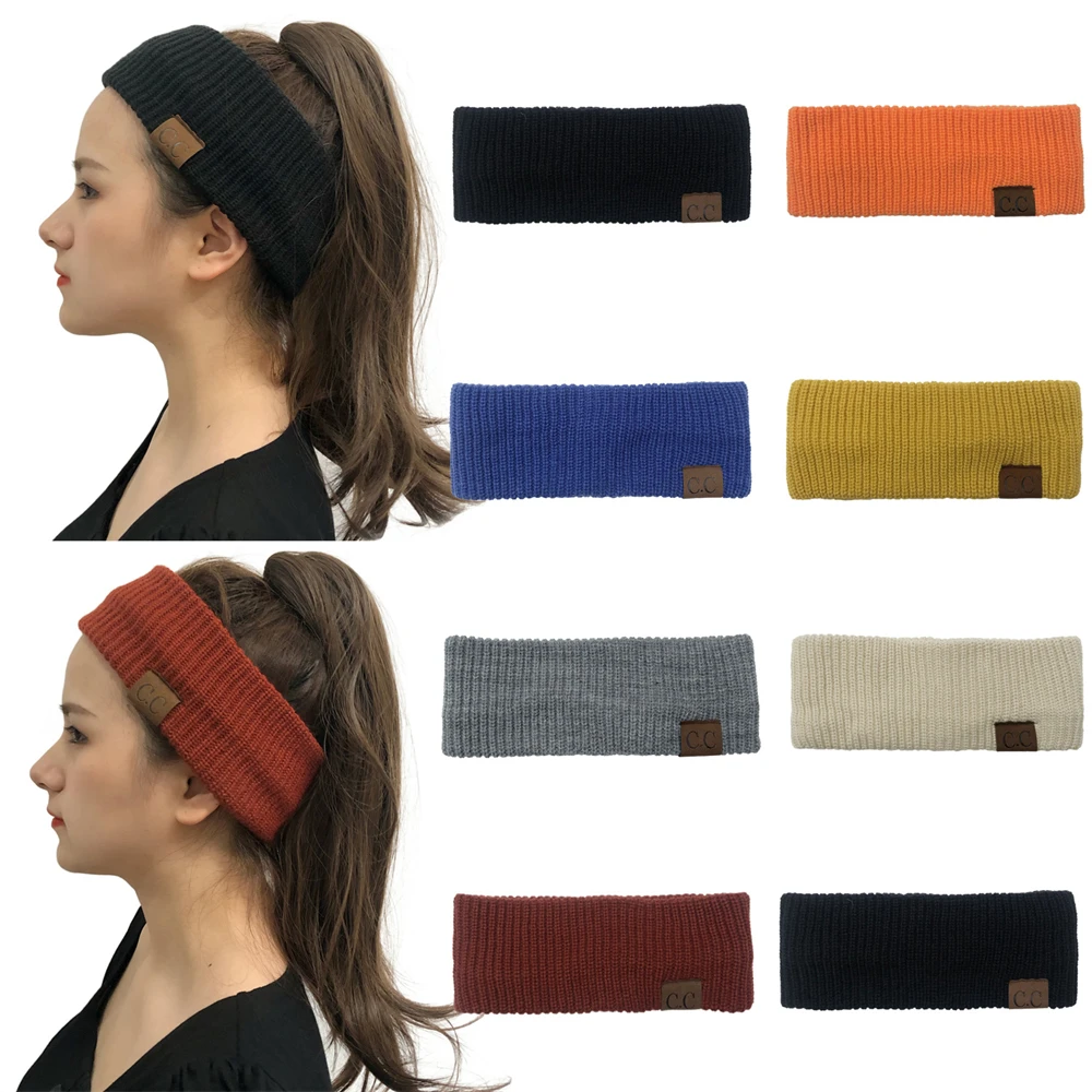 Women's Letter Knitted Headband Wool Pure Ponytail Outdoor Sports Pure Color Headdress High Elastic Face Wash Hair Accessories