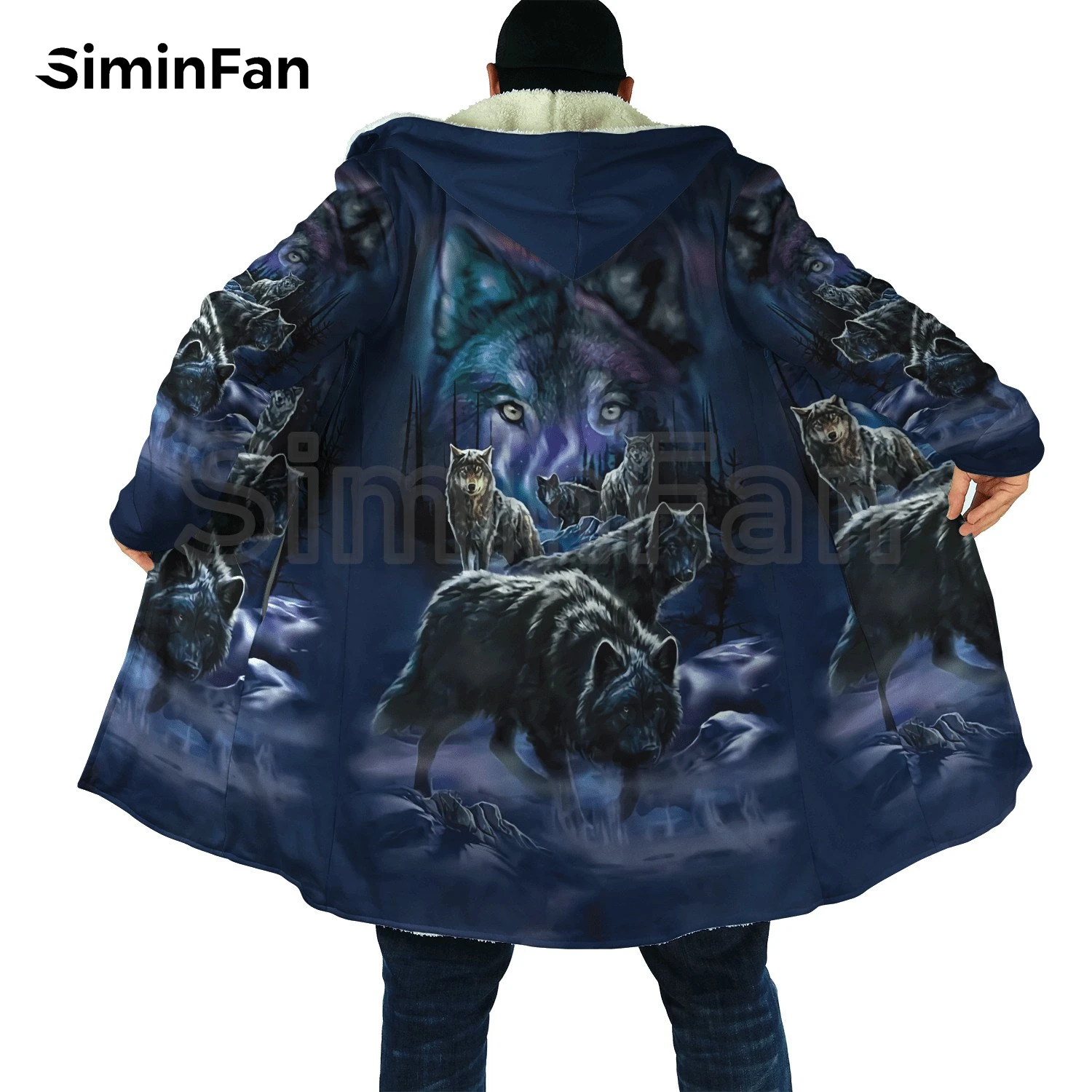 Tribal Style Night Wolf 3D Printed Mens Hooded Cloak Windbreaker Winter Thick Flannel Coat Unisex Casual Cashmere Warm Jacket H2