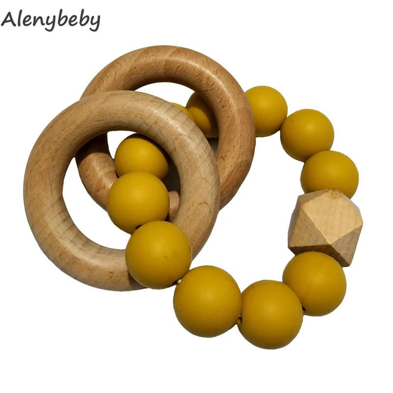 Baby Teether Bracelet Food Grade Silicone Teether Beech Wooden Teether Ring Nursing Safe Organic Bangle Newborn Teether Toys