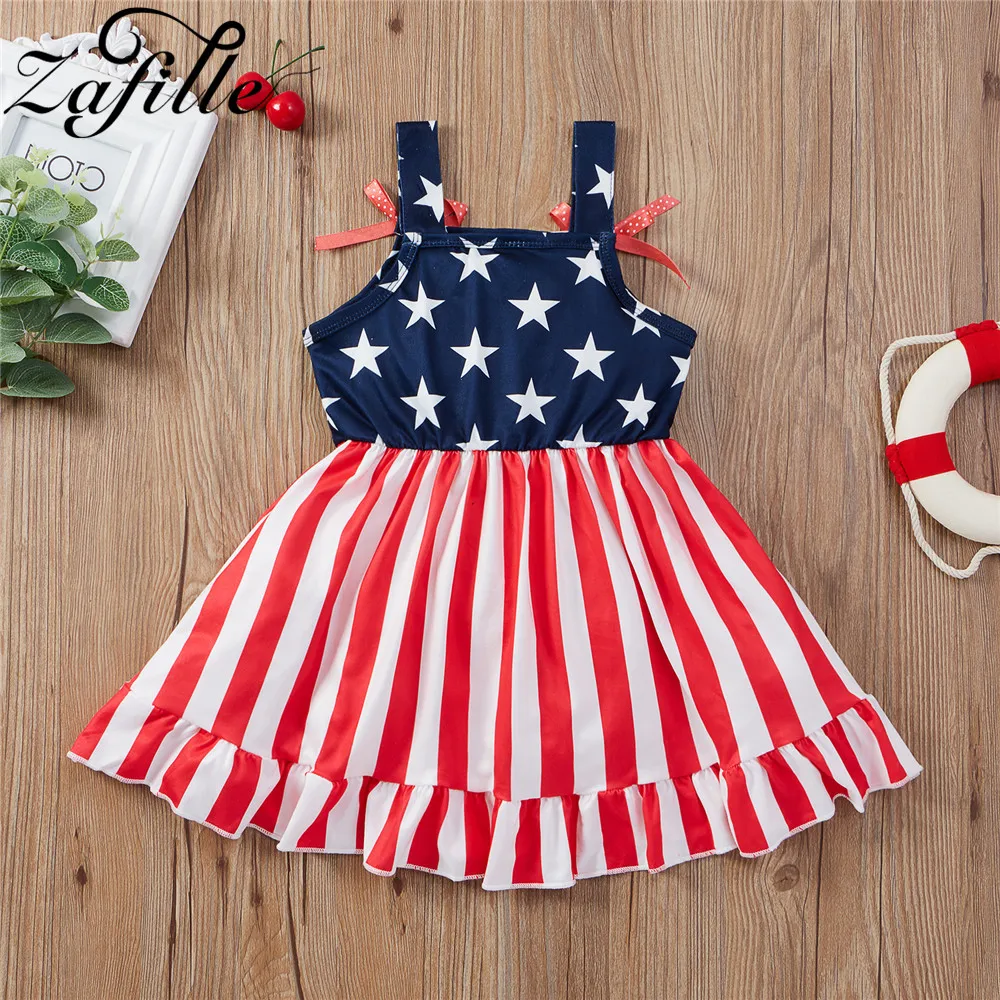 ZAFILLE 4th Of July Dress Girl Outfit Ribbed Independance Day Children Dresses Stars Suspender Toddler Girl Dress Flag Day