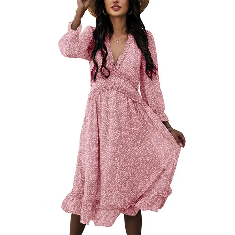 

Summer Women Dress Stylish Printed V Neck High Waist Women Ruffles Large Hem Long Sleeve Dress платье летнее женское2021