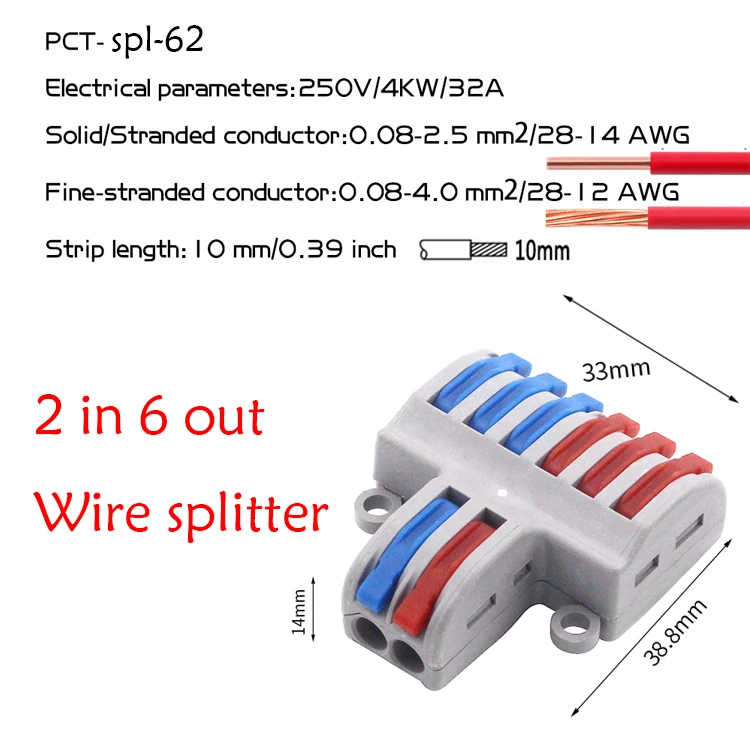 Conector de 62 cables, Divisor de cable 2 en 4/6, conectores rápidos, Conductor de cableado compacto Universal, Conector LED, nuevo tipo SPL-42