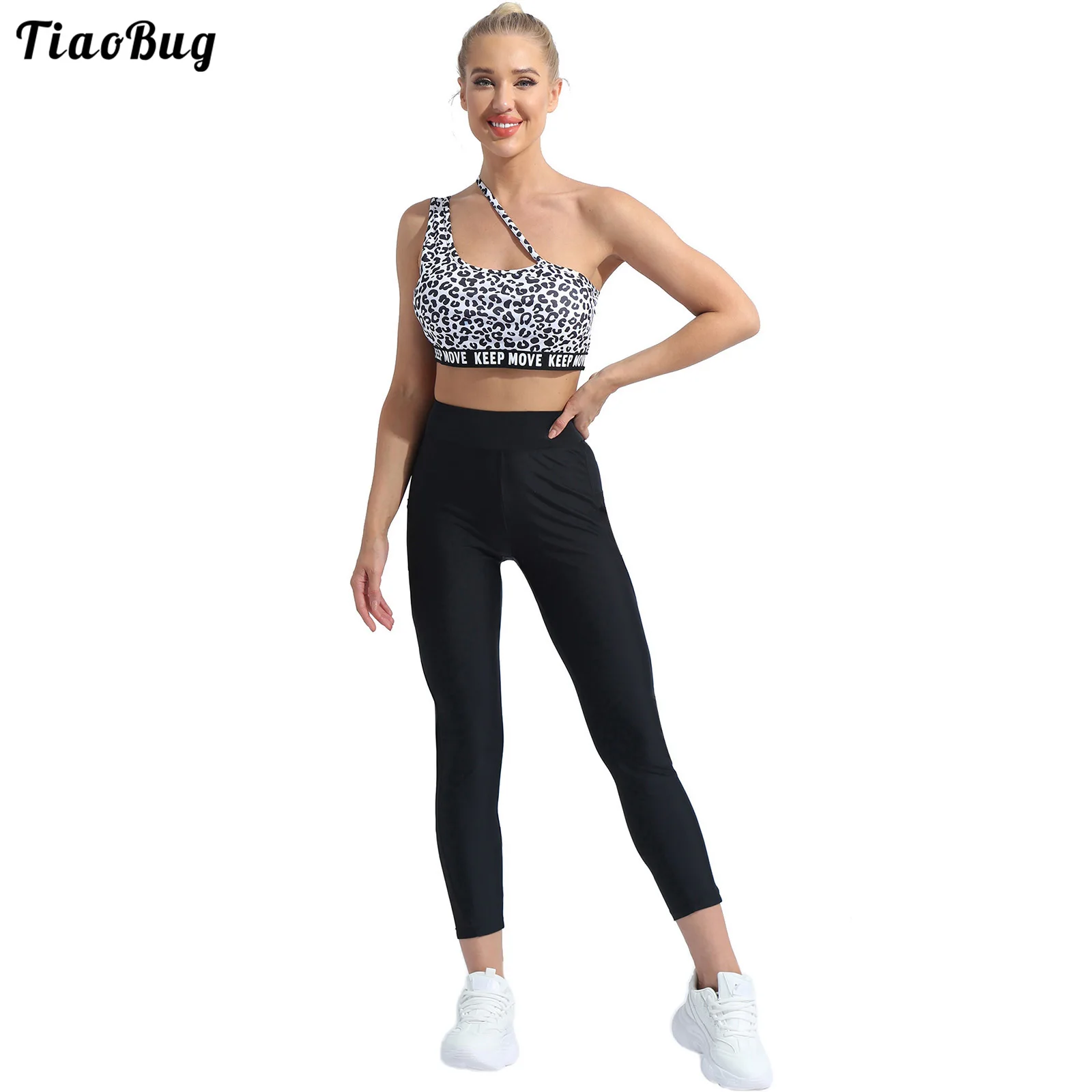 

TiaoBug 2Pcs Women Workout Outfits Sets Sleeveless One Shoulder Detachable Pad Top High Waist Leggings Tummy Control Yoga Suit