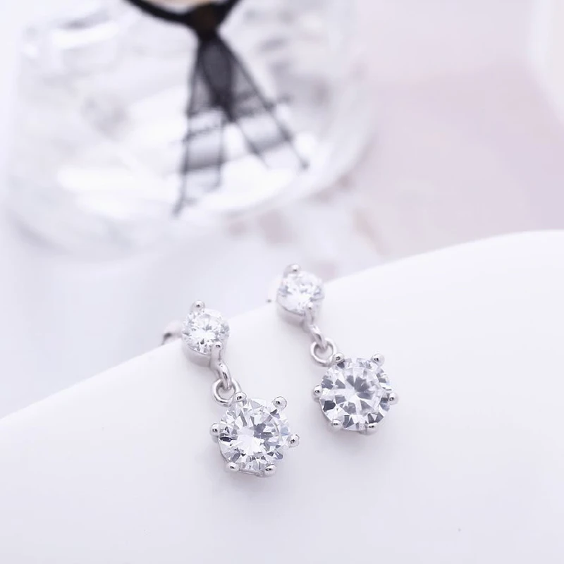 KOFSAC Elegant 925 Sterling Silver Earrings For Women Jewelry Shining Double Zircon Stud Earring Lady Engagement Accessories Hot