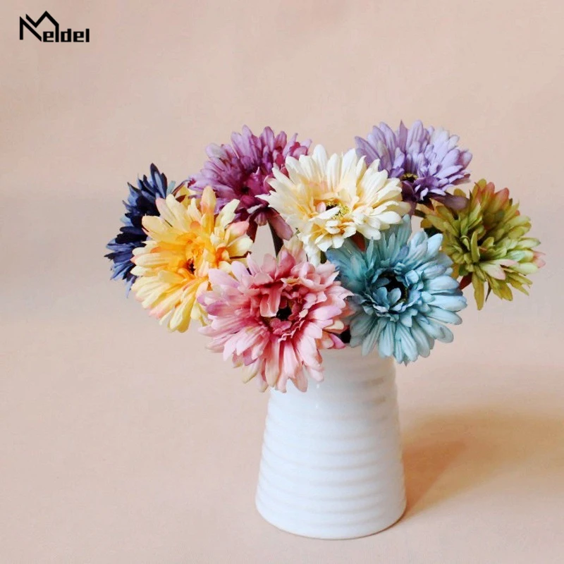 Meldel Wedding Flower Bouquet Gerberas Artificial Silk Daisy Flower Bridesmaid Accessories Marriage Bouquet DIY Home Decorations