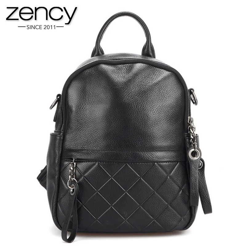 Zency 100% Genuine Leather Vintage Women Backpack Elegant Black Daily Holiday Knapsack Casual Travel Bags Girl\'s Schoolbag