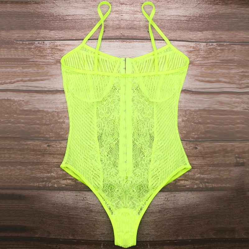 OMSJ Newest Women Neon Green Orange Stripe Lace Bodysuit One Piece Sheer Sexy Floral Embroidery Playsuit Night Out outfits Party