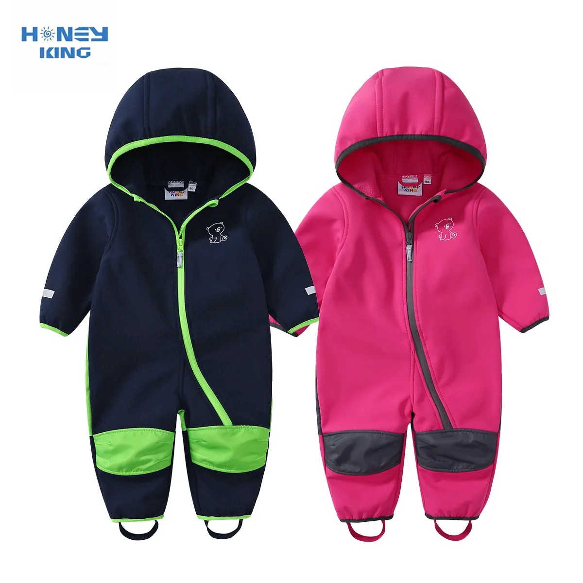 HONEYKING Children's Softshell Overalls Plus Velvet Rompers Windproof Rainproof Waterproof Jumpsuit Kids Warm Fleece Jumpsuit