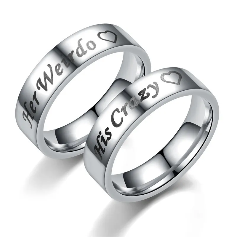 AsJerlya His Crazy Her Weirdo Titanium Stainless Steel Couple Ring Wedding Anniversary Engagement Promise Bands Dropshipping