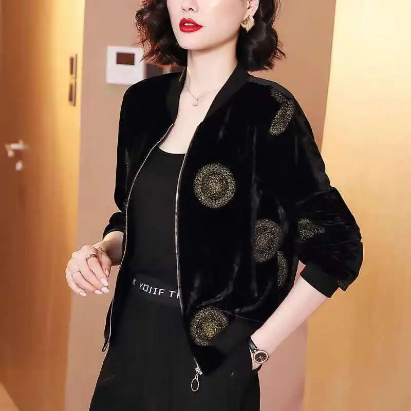 Gold Velvet Loose Bomber Jacket Women, Korean Baseball Casual Coat M-5XL