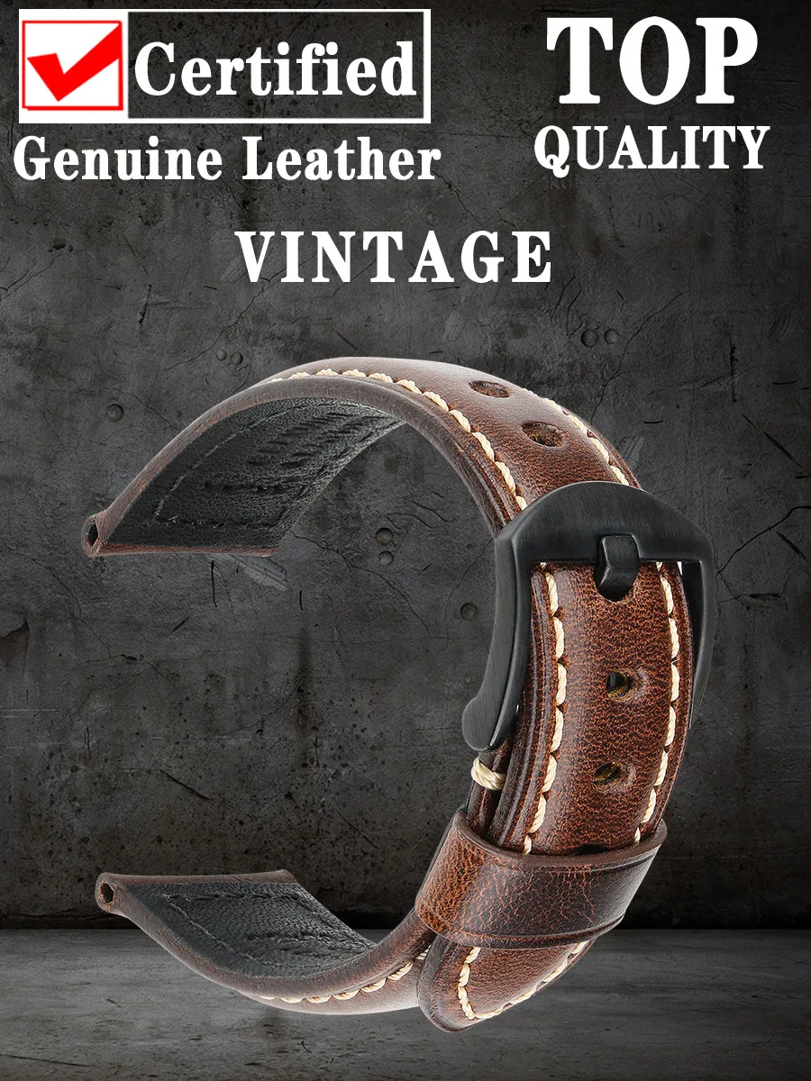 Vintage Watch Bracelet Smartwatch Accessories Watchband 20mm 22mm Vintage Oil Wax Leather Watch Strap For Panerai Watch Band