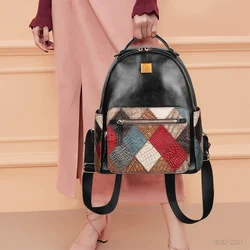 2021 zaino da viaggio in morbida pelle da donna in vera pelle Lady borsa da scuola per libri di grande capacità femminile Patchwork Vintage Bagpack