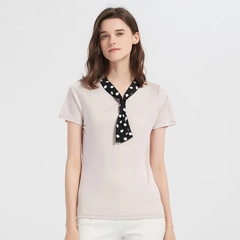 

Bow Tie Lace Up Silk Short Sleeve Women's T-shirt New Style Temperament Wave Point Mulberry Silk Loose And Thin