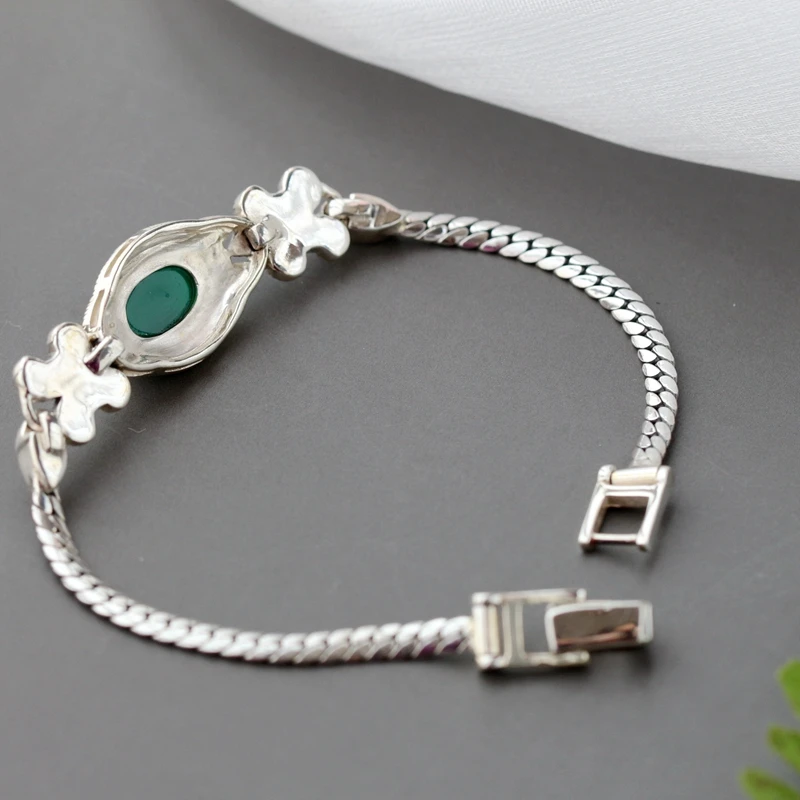 Lady Retro Style Charm Bracelet Inlaid Natural Green Agate Authentic 925 Sterling Silver Hand Chain Trendy Style Jewelry Gift