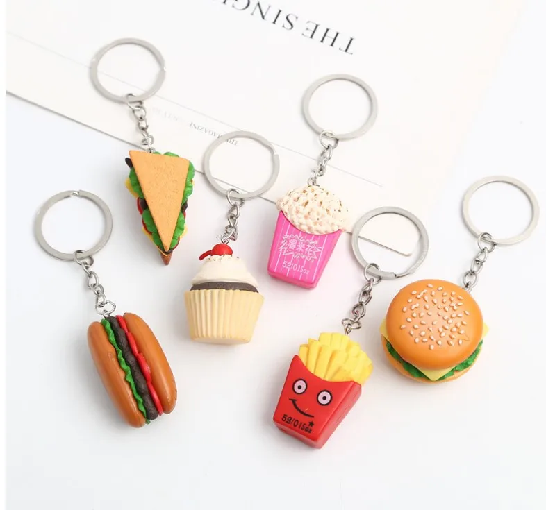 

Wholesale 50pcs Resin PVC exquisite simulation food hamburger bread cake french fries popcorn key chain buckle pendant gift