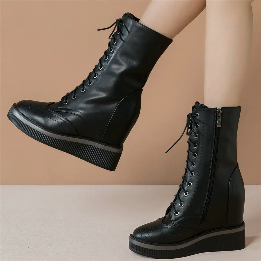 

Platform Pumps Women Lace Up Cow Leather Wedges High Heel Snow Boots Female High Top Round Toe Fashion Sneakers Casual Shoes