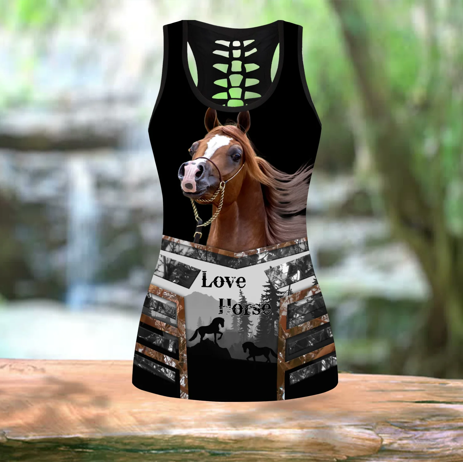 Hermoso caballo de amor 3D completamente estampado hueco camiseta sin mangas y Leggings conjunto Fitness mujer mallas de longitud completa