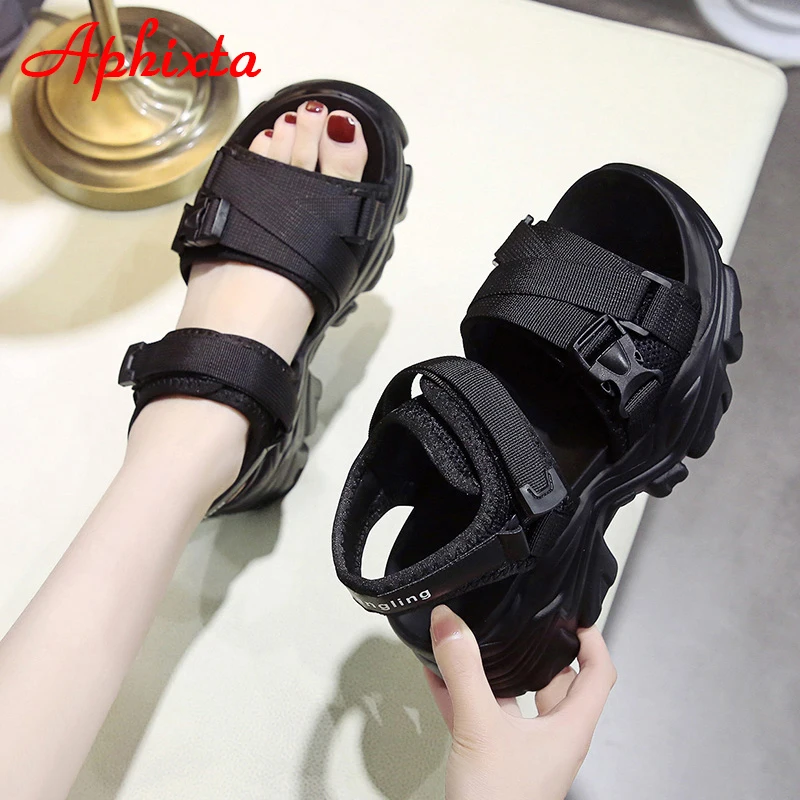 Aphixta New Buckle Height Increaming Canvas Platfom Sandals Women 3.15 Inch Wedge Heel Shoes Hook & Loop Thick Bottom Slides