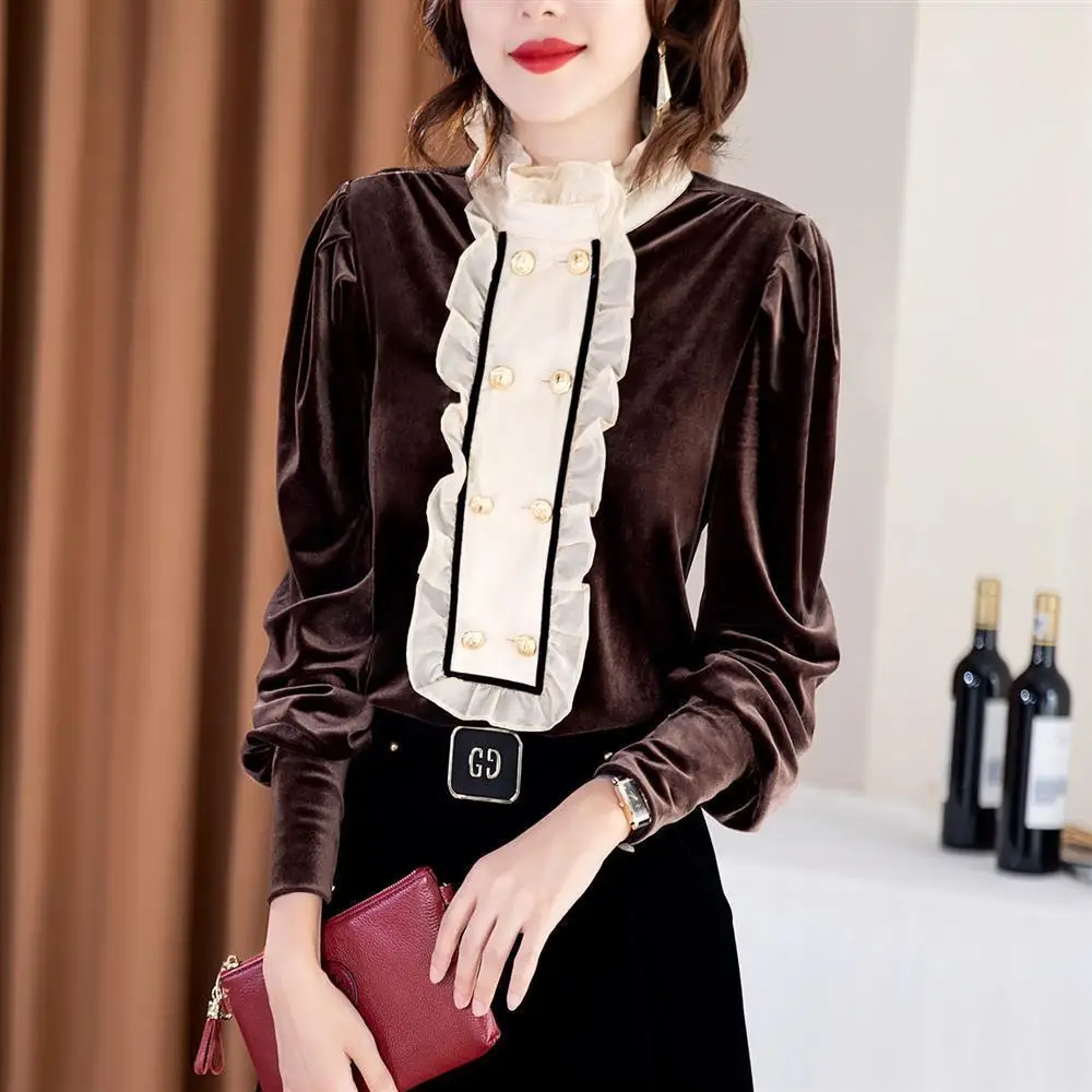 Vintage French Ruffled Elegant Blouses Women\'s Clothing 2024 Spring Spliced Lantern Sleeve Pullovers Office Lady Flannel Shirts