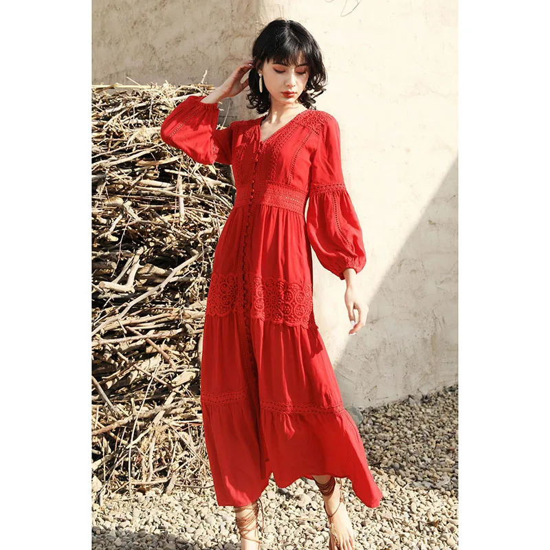 HARLEYFASHION Women Retro Casual Embroidery Hollow Out V-Neck Lantern Sleeve Reduction Age Goddess Bohemian Ankle-Length Dress