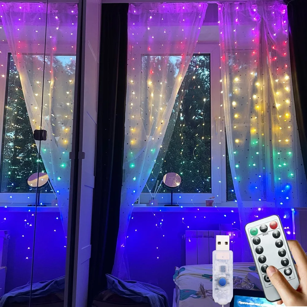 3M Rainbow LED Curtain Fairy String Light USB Garland Lamp with Remote Control for Christmas Party Home Window Decoration