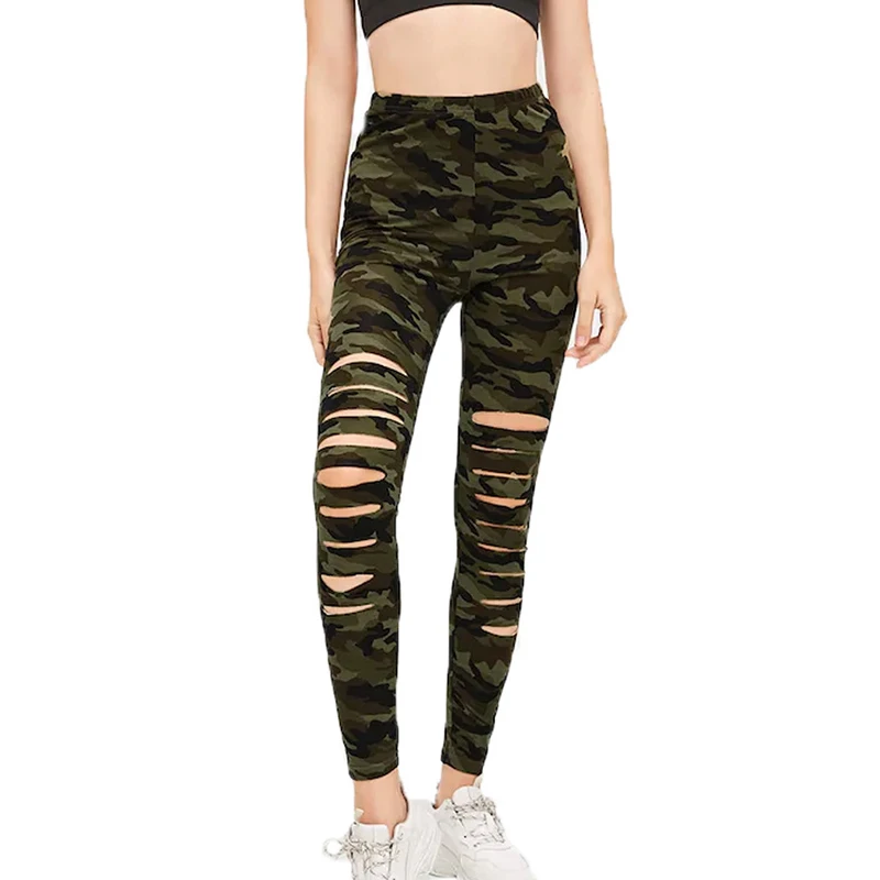 Camouflage Leggings Women Ripped Elastic Tight Fashion High Waist Trousers Workout Fitness Running Gym Pants Push Up Leggins