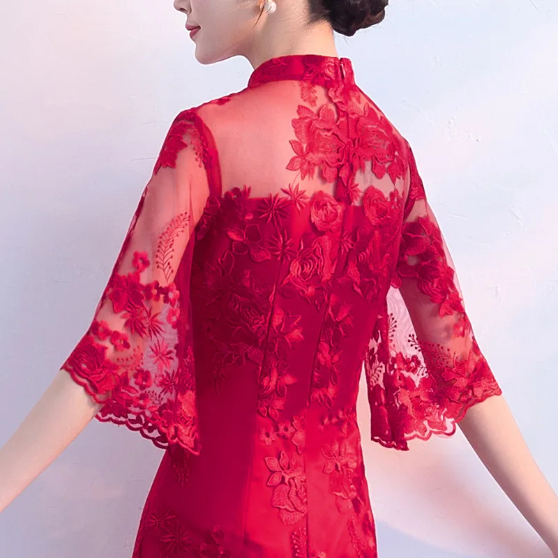 

Female Sexy Lace Hollow Out Cheongsam Chinese Bride Wedding Toast Clothing Classic Mandarin Collar Qipao Oversize XXXL