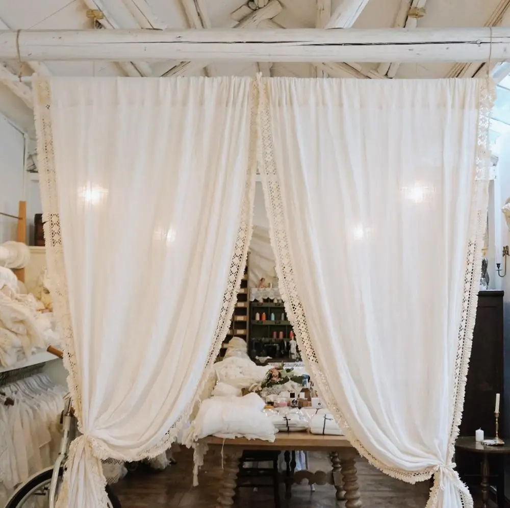 White Semi-Blackout Curtains for Bedroom, 100% Cotton, Korean Princess Style, Lotus Cortina, Pure Cotton, High-end Window Drapes