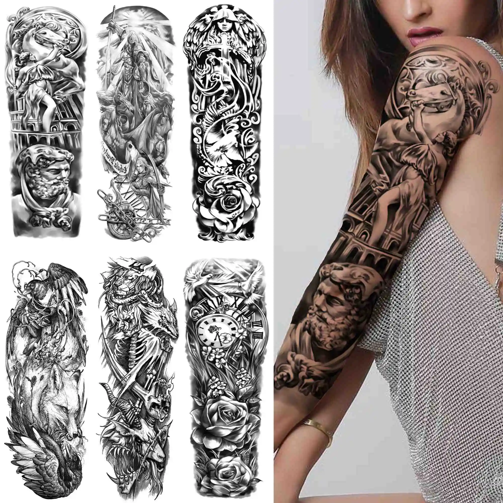 Extar Large Black Temporary Tattoo Sleeve For Women Men Adult Fake Warrior Flower Tattoos Sticker God Clock Tatoos Transferable