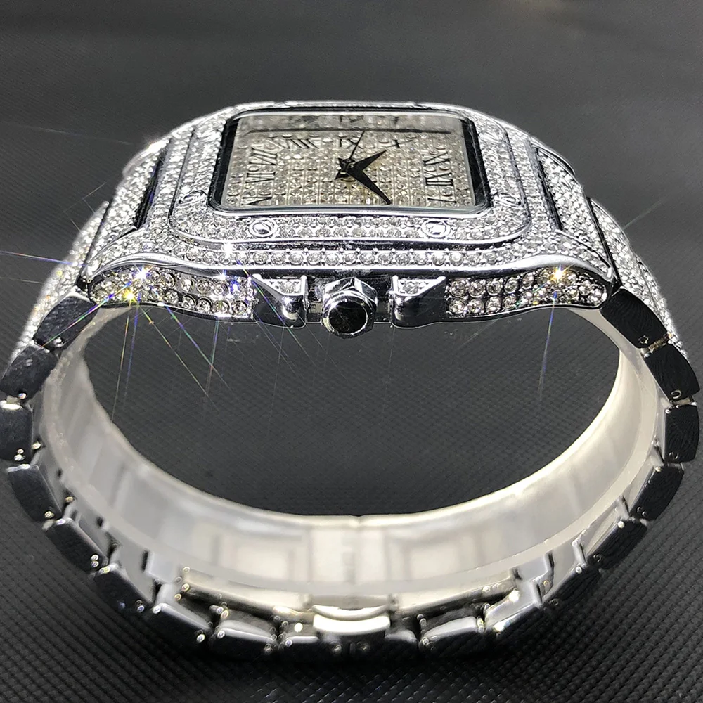 MISSFOX-reloj cuadrado Ice Out para hombre, cronógrafo de lujo con diamantes completos, ultradelgado, resistente al agua, estilo Hip Hop, envío