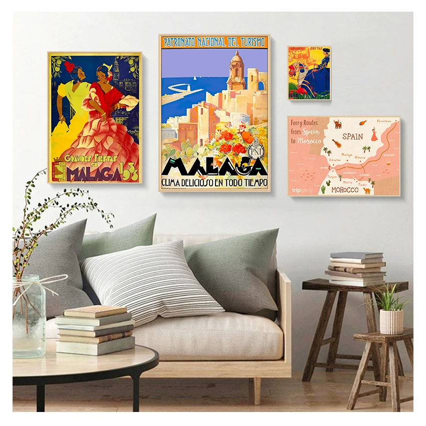Pinturas en lienzo Vintage, carteles de Kraft, pegatinas de pared recubiertas, decoración del hogar, regalo, ciudad del puerto español, viajes de Malaga