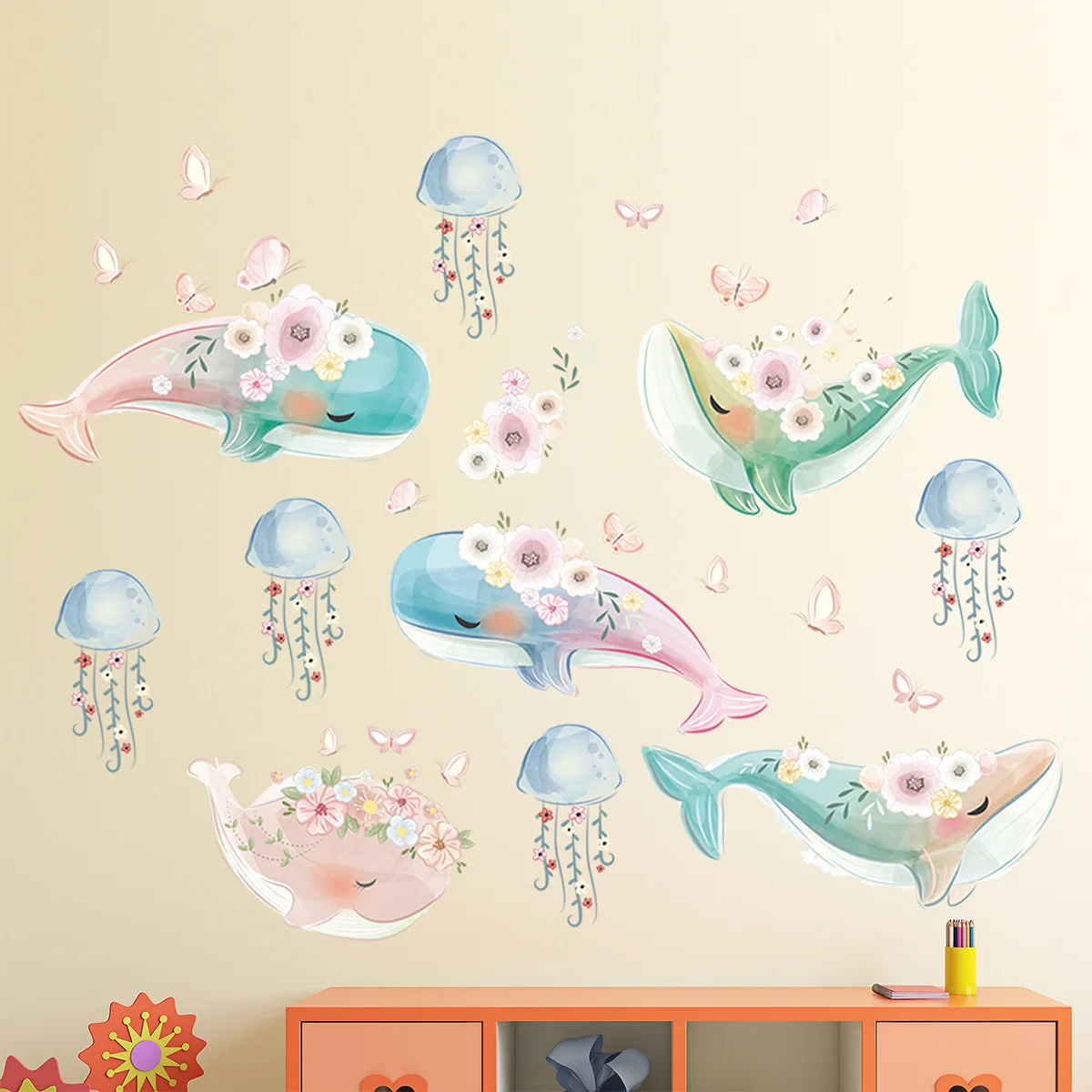 Lovely Marine Life Blue Whale Jellyfish Wall Sticker for Living Room Children\'s Room kindergarten Diydecals for kids Gift