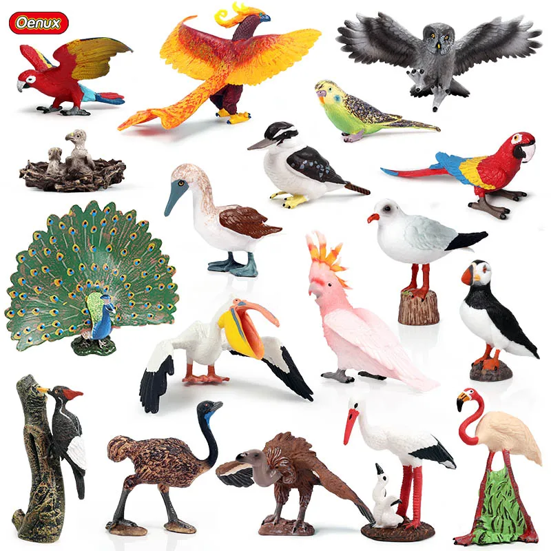 Oenux clássico pássaro animal flamingos papagaio mar mew pavão coruja avestruz modelo sólido pvc figuras de ação brinquedo educação em miniatura